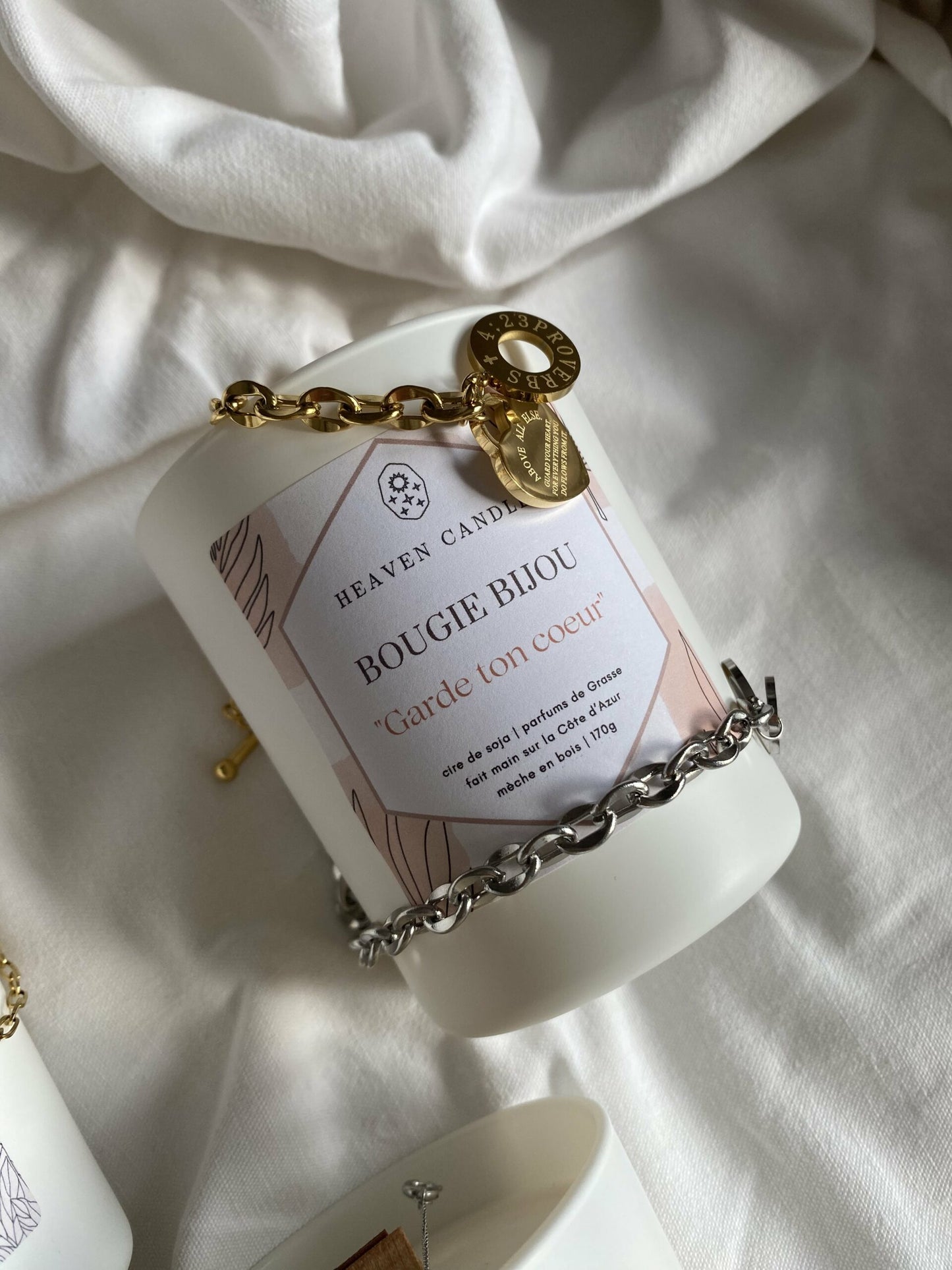 Bracciale Bougie bijou "Garde ton coeur" avec verset doré ou argenté