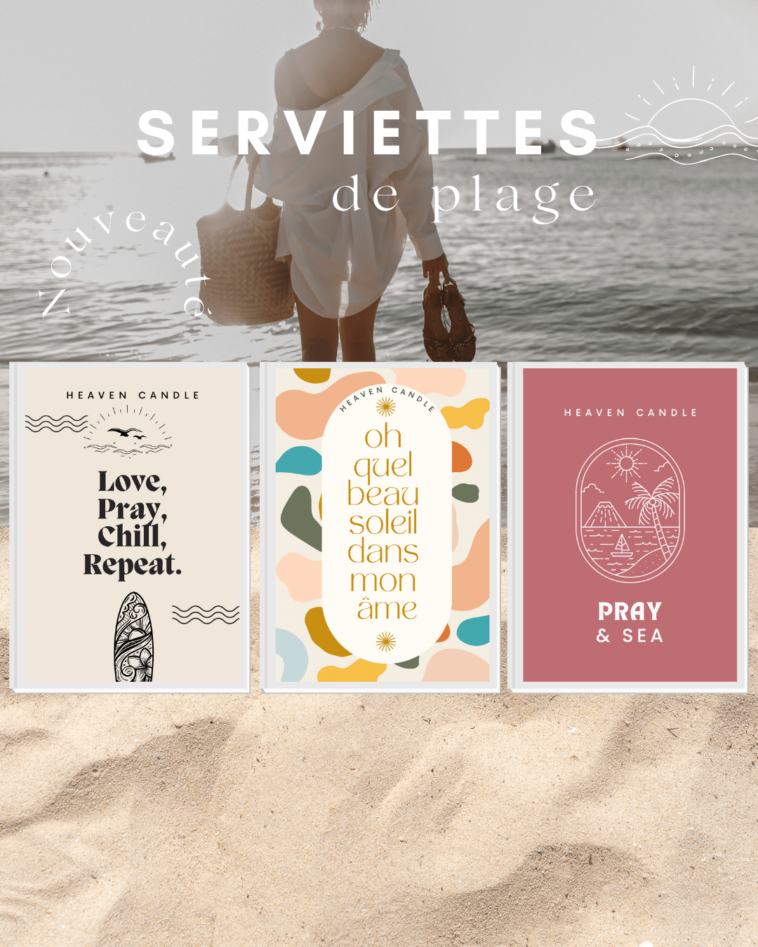 Serviette de plage con citazione "Love, Pray, Chill, Repeat".