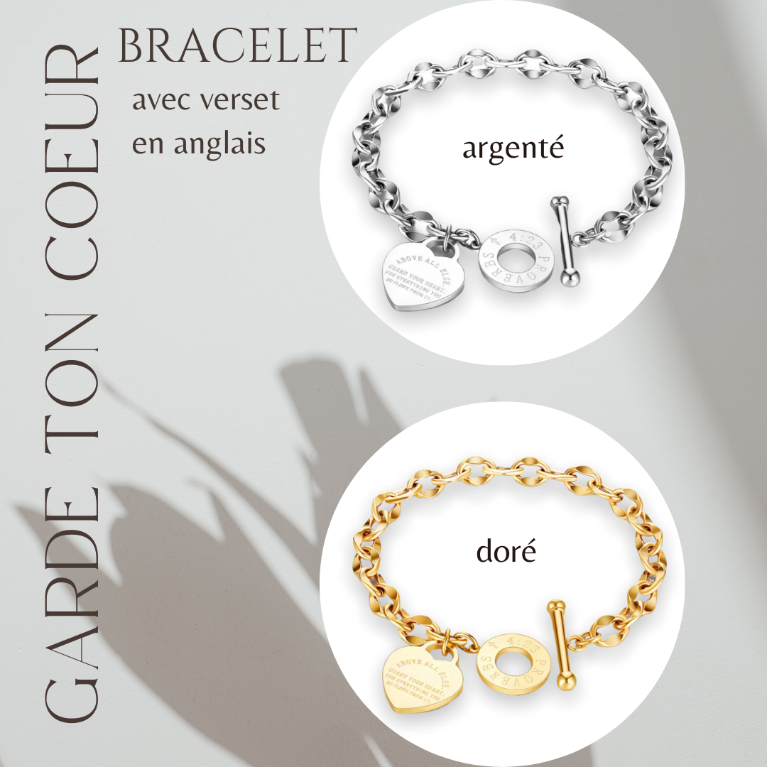 Bracciale Bougie bijou "Garde ton coeur" avec verset doré ou argenté