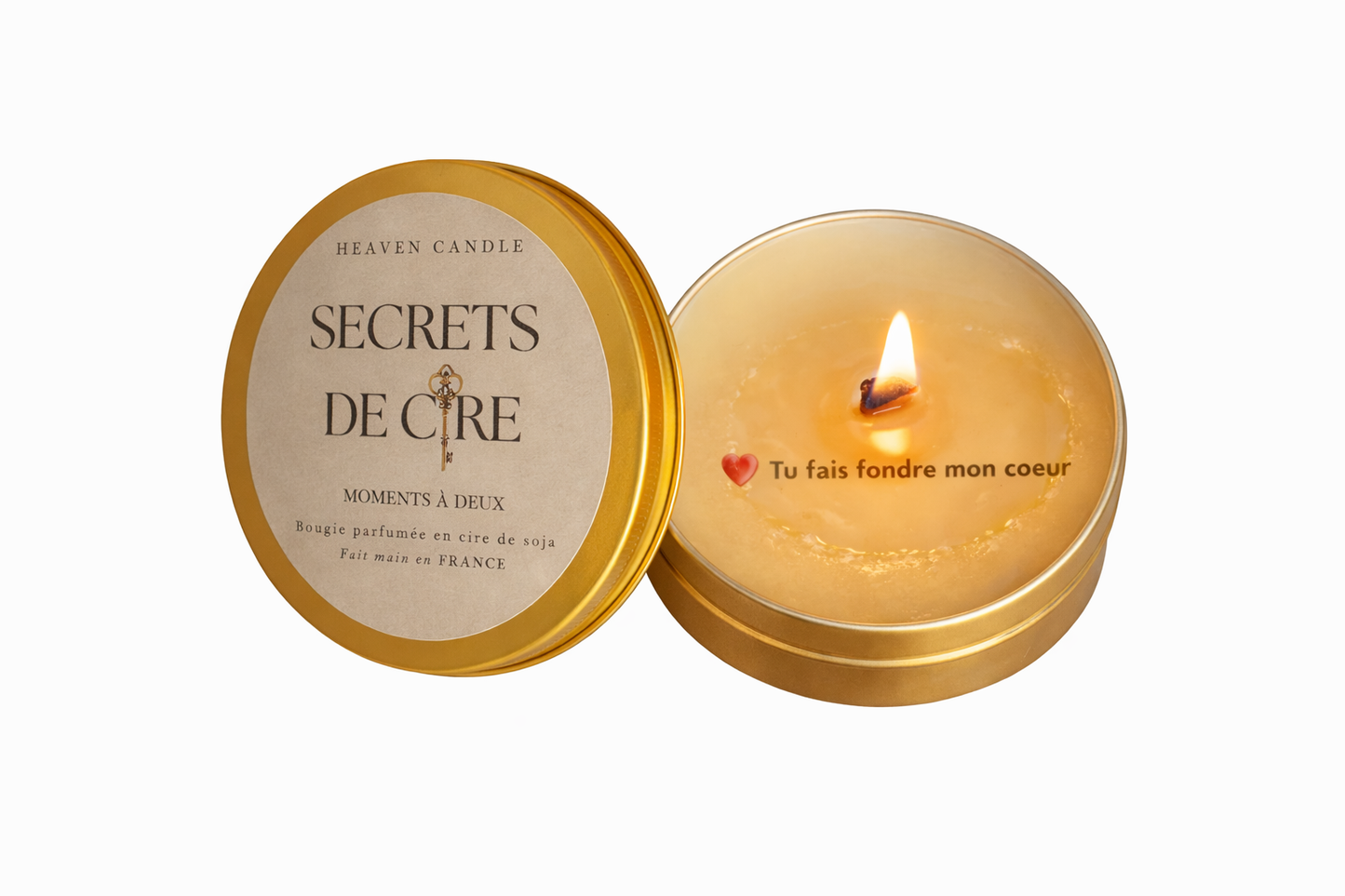 Bougie “Secrets de cire” avec message caché "Tu fais fondre mon coeur" + PDF exclusif : "30 moments slow life à vivre à deux"