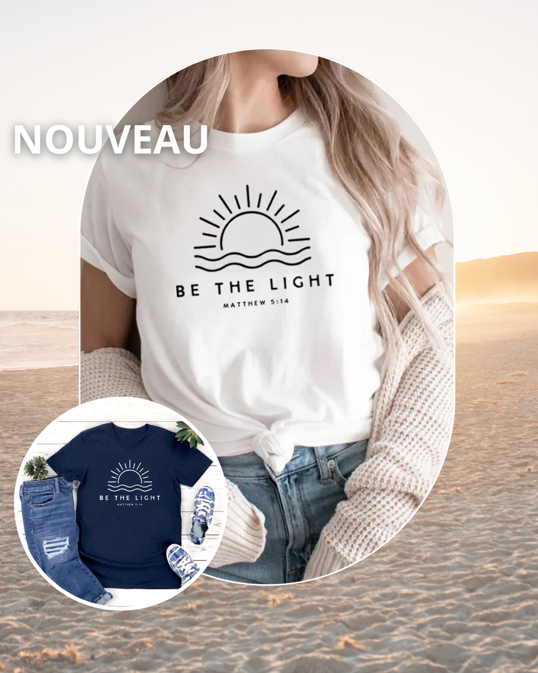 TEE-SHIRT avec citation "Be the light" blanc