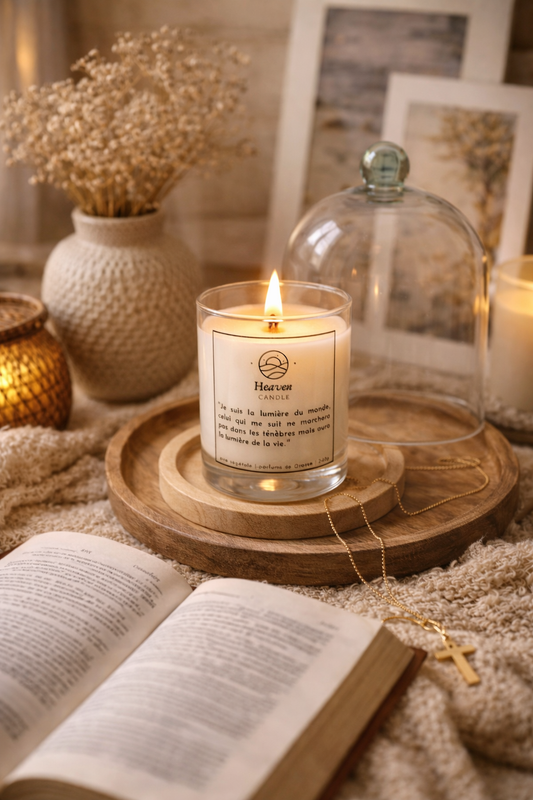 Bougie avec verset de la Bible "Lumière du monde" | Décoration Chrétienne