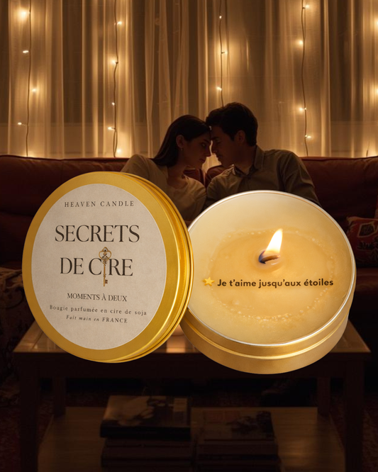 Bougie “Secrets de cire” avec message caché "Je t'aime jusqu'aux étoiles" + PDF exclusif : "30 moments slow life à vivre à deux"