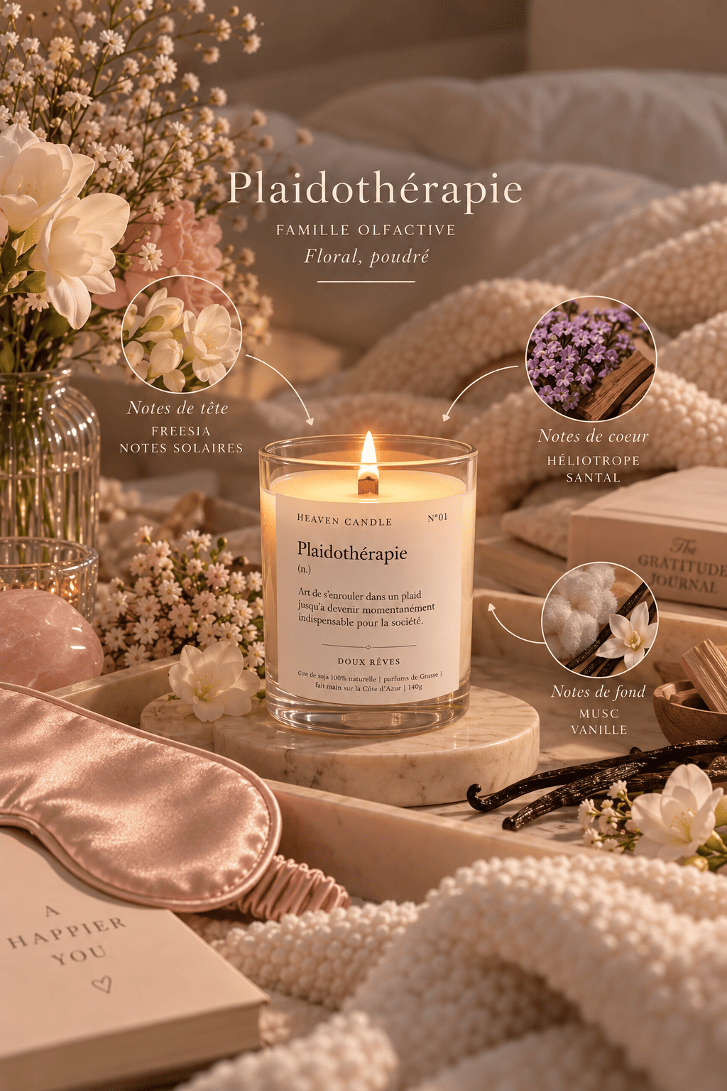 Bougie parfumée Plaidothérapie – Doux Rêves, notes florales & poudrées