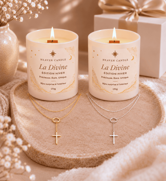 Bougie bijou de Noël – La Divine | Collier croix doré ou argenté en acier inoxydable