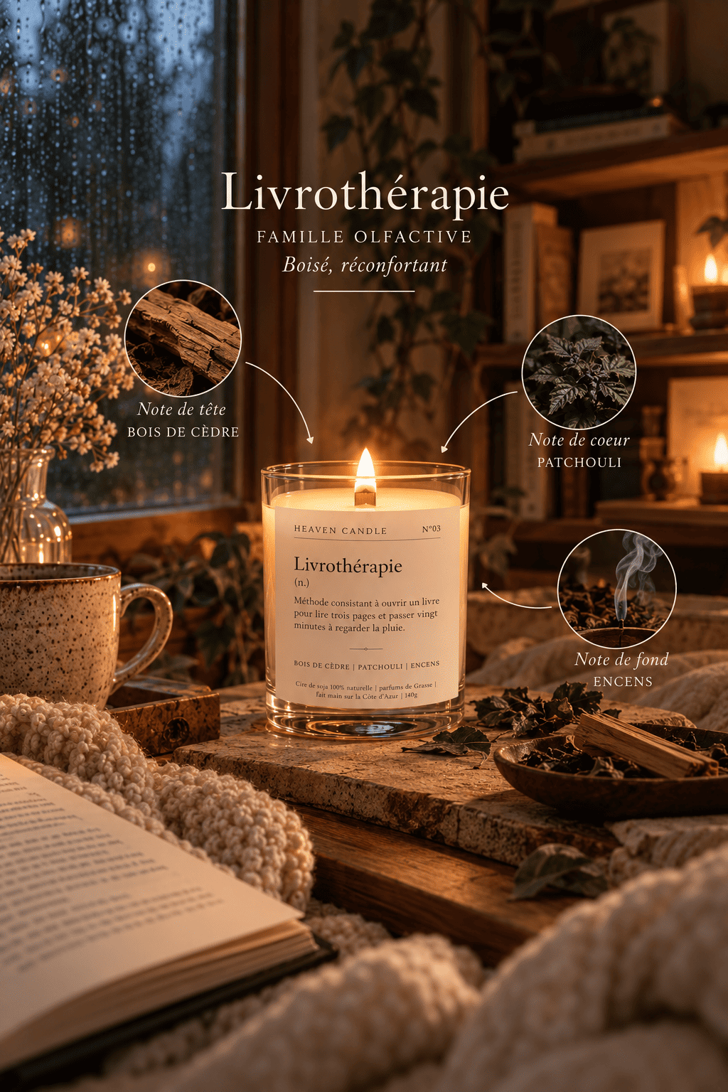 Bougie parfumée Livrothérapie – Cèdre, Patchouli & Encens