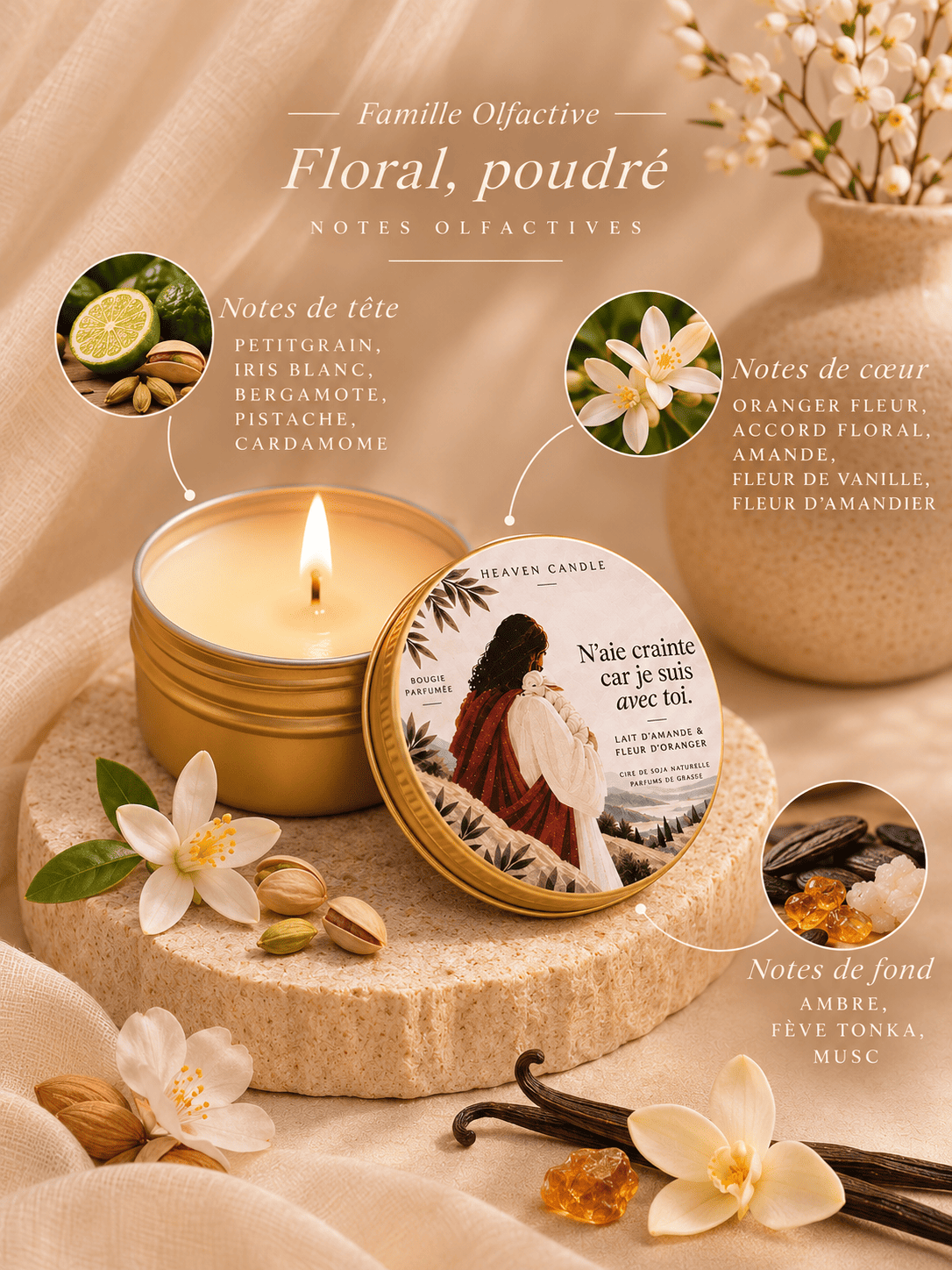 Mini bougie "N'aie crainte car je suis avec toi" - senteur Fleur d'oranger & Lait d'amande