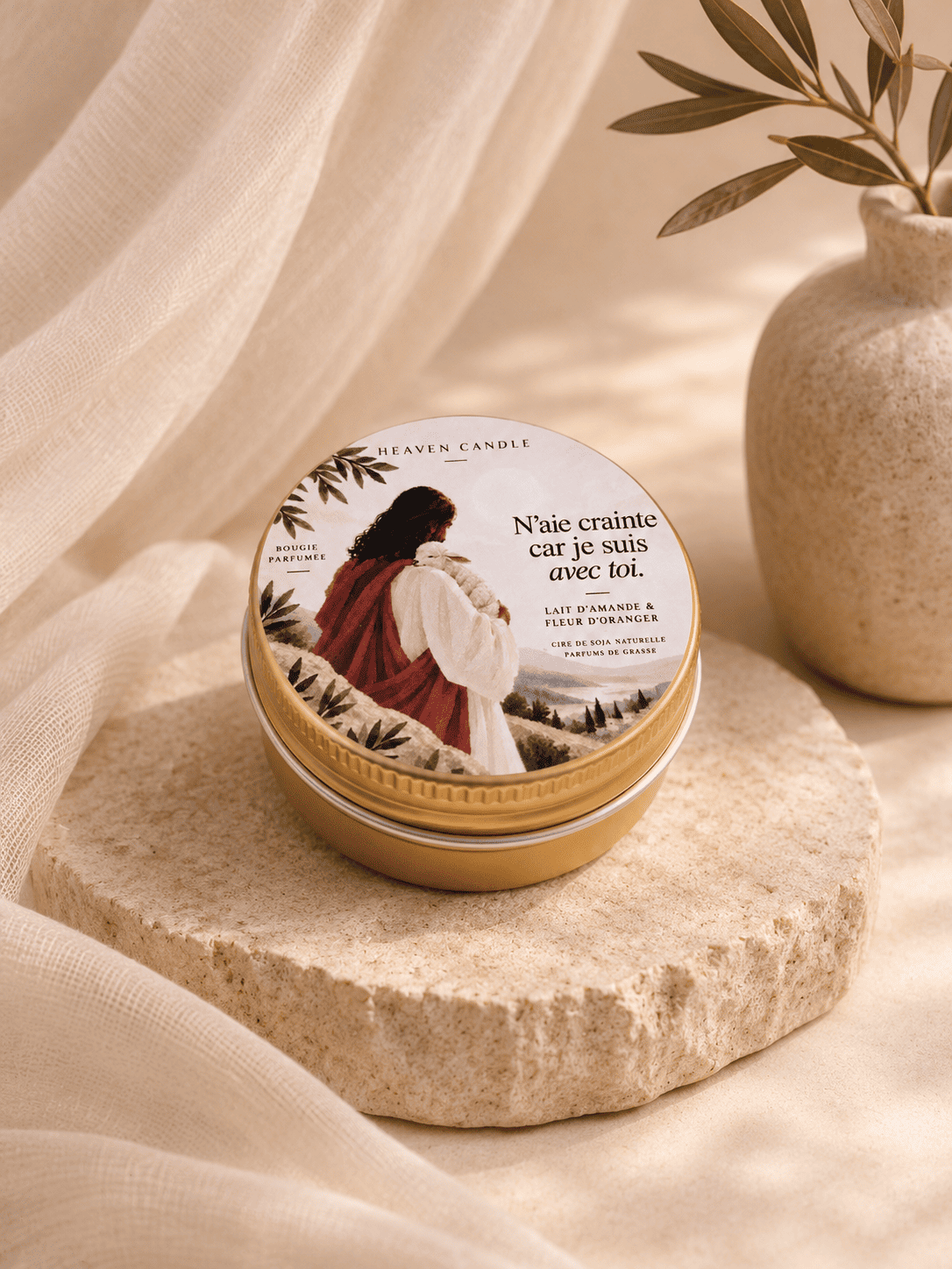 Mini bougie "N'aie crainte car je suis avec toi" - senteur Fleur d'oranger & Lait d'amande