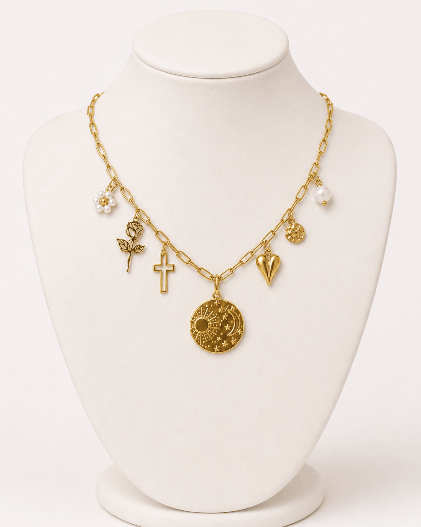 Collier chrétien femme "Merveilleuse" – Collier croix doré en acier inoxydable avec 7 pendentifs